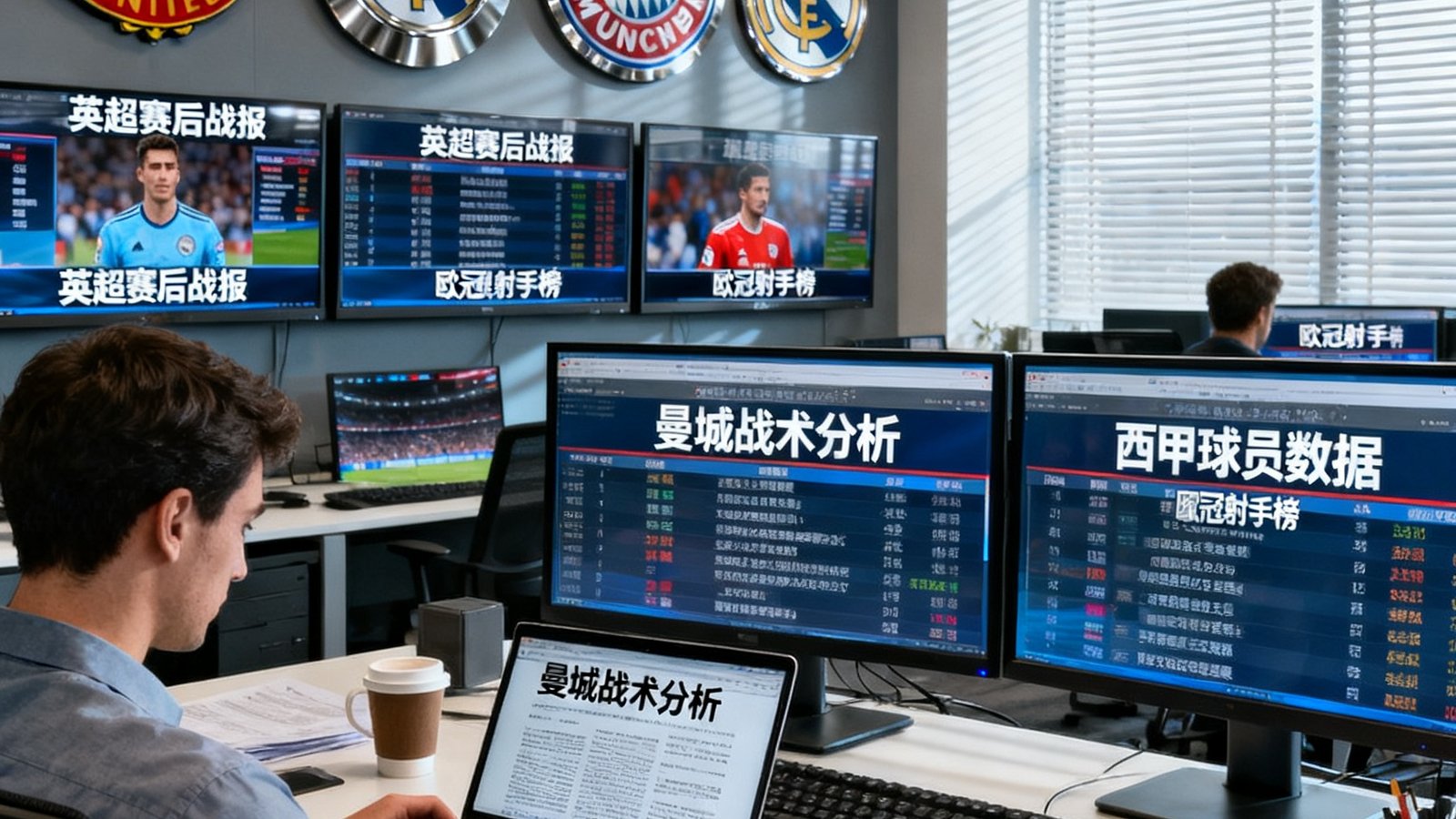 一间现代化的体育新闻编辑室内，多块显示屏上滚动着不同联赛的赛后战报和球员数据，编辑人员正在撰写深度分析文章，墙上挂着各大俱乐部队徽